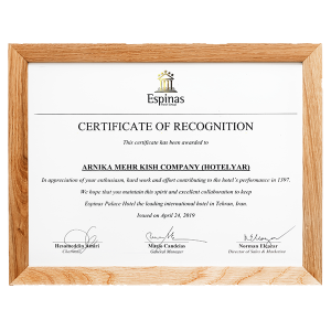 Certificate of Recognition from Espinas Hotel Group - 2019