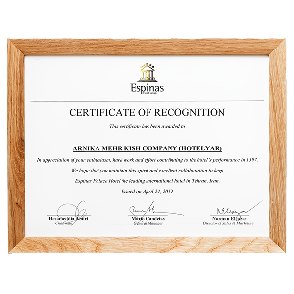 Certificate of Recognition from Espinas Hotel Group - 2019